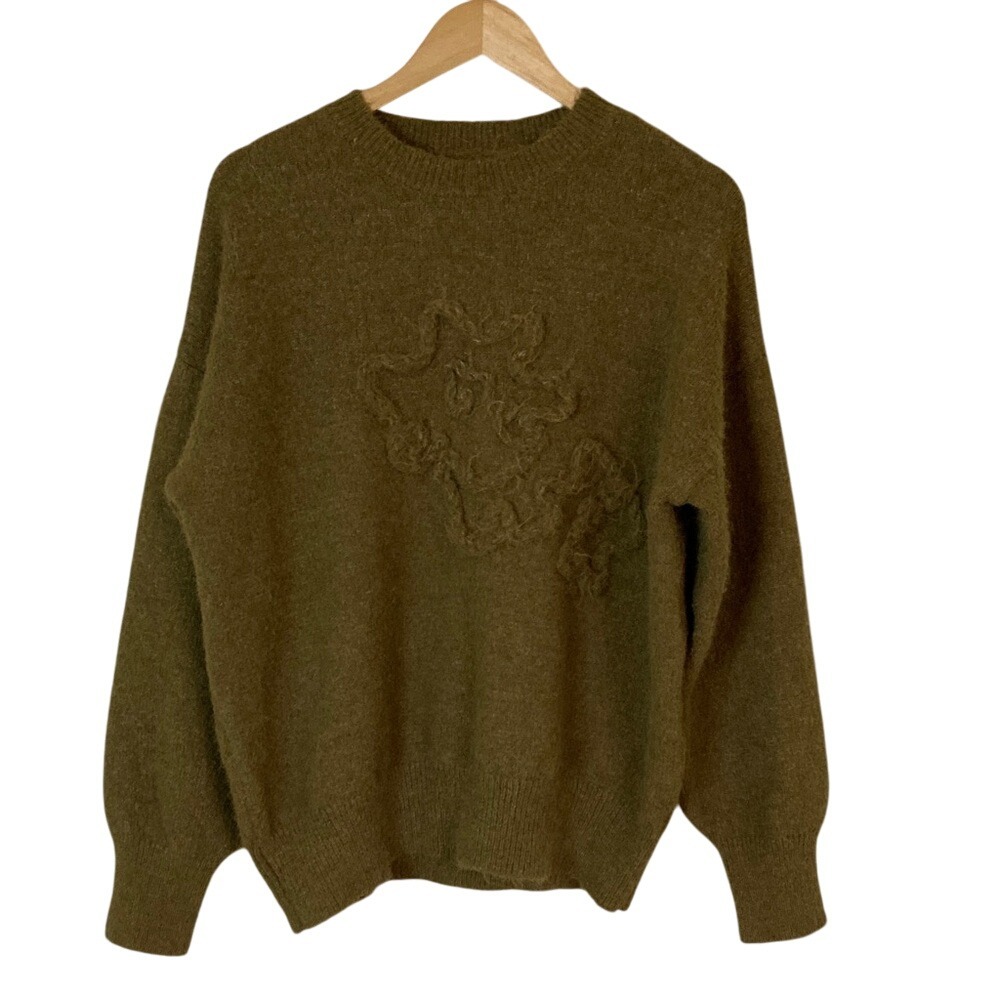 Womens Olive Green Slouchy Pullover Cozy Sweater Size‎ XL Floral Sticht Detail